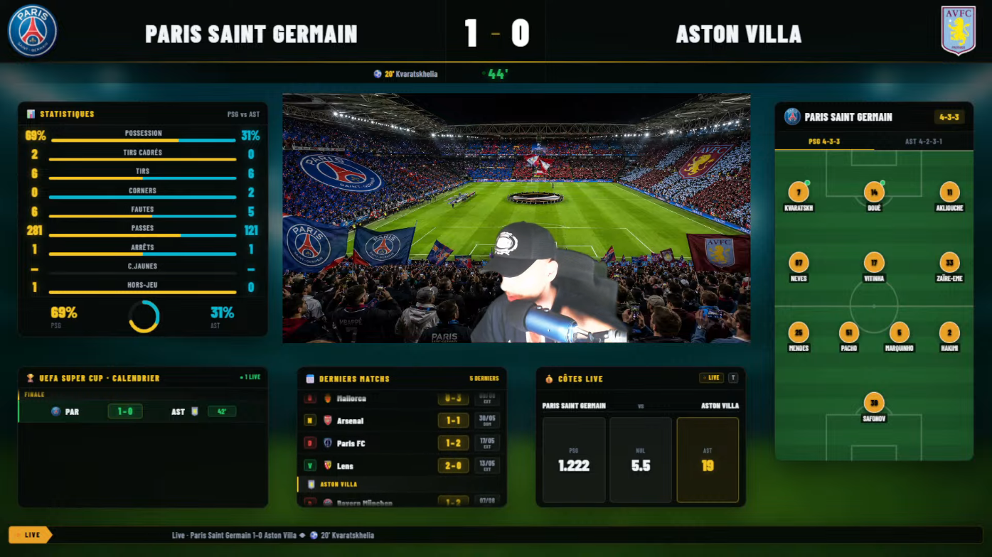 Overlay ASap FC en direct sur la chaîne NR2TV — PSG / Aston Villa, avec la caméra du streamer au centre